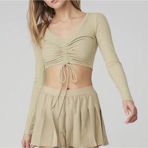 Alo Yoga Ribbed Cinched Cropped Long Sleeve Top S California Sand Tan Athleisure